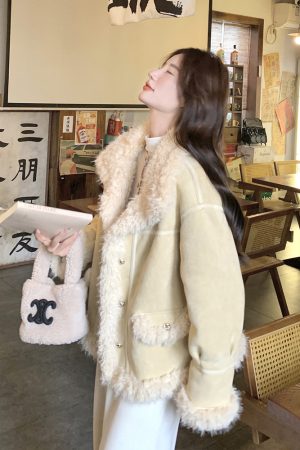 Beige Lamb Wool Short Coat for Women - Stylish 2025 Winter Jacket with Leather and Fur, Perfect for Petite Sizes