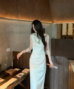 Beige Satin Cheongsam Dress for Women - Summer Elegant Waist-Defined Slim Long Dress, Asian Inspired, Perfect for 90s and Y2K Fashion