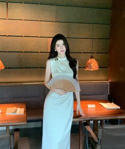 Beige Satin Cheongsam Dress for Women - Summer Elegant Waist-Defined Slim Long Dress, Asian Inspired, Perfect for 90s and Y2K Fashion