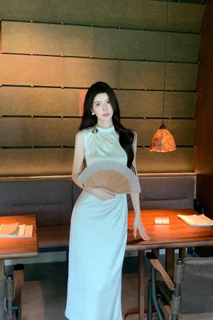 Beige Satin Cheongsam Dress for Women - Summer Elegant Waist-Defined Slim Long Dress, Asian Inspired, Perfect for 90s and Y2K Fashion