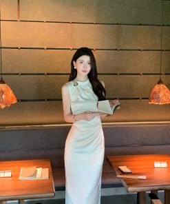 Beige Satin Cheongsam Dress for Women - Summer Elegant Waist-Defined Slim Long Dress, Asian Inspired, Perfect for 90s and Y2K Fashion