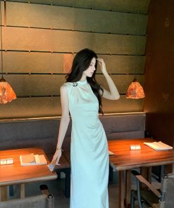 Beige Satin Cheongsam Dress for Women - Summer Elegant Waist-Defined Slim Long Dress, Asian Inspired, Perfect for 90s and Y2K Fashion