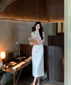 Beige Satin Cheongsam Dress for Women - Summer Elegant Waist-Defined Slim Long Dress, Asian Inspired, Perfect for 90s and Y2K Fashion