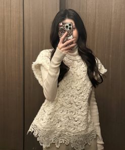 Beige Sequin Embroidered Knitted Vest for Women, Hook Weaving Aesthetics, Round Neck Pullover, Versatile Y2K Style Top