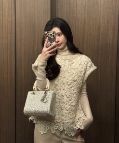 Beige Sequin Embroidered Knitted Vest for Women, Hook Weaving Aesthetics, Round Neck Pullover, Versatile Y2K Style Top