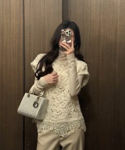 Beige Sequin Embroidered Knitted Vest for Women, Hook Weaving Aesthetics, Round Neck Pullover, Versatile Y2K Style Top