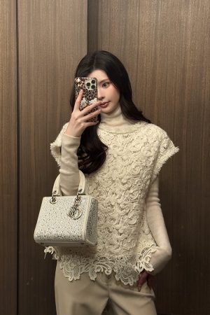 Beige Sequin Embroidered Knitted Vest for Women, Hook Weaving Aesthetics, Round Neck Pullover, Versatile Y2K Style Top