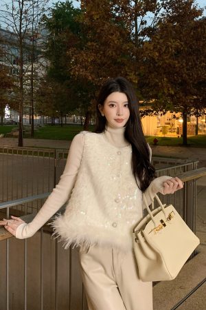 Beige Sequined Patchwork Vest - Women's Sleeveless Top in Chinese Style for Spring - Chic Small Fragrant Design