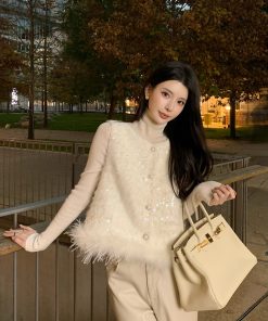 Beige Sequined Patchwork Vest - Women's Sleeveless Top in Chinese Style for Spring - Chic Small Fragrant Design