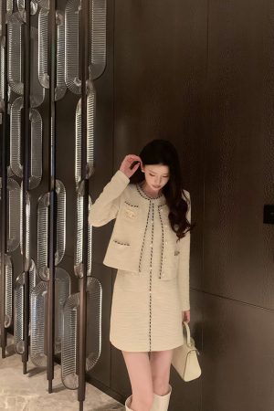 Beige Wool Knitted Two-Piece Set for Women, Little Chanel Style, Elegant Fashion, High-End Quality, Chic Winter Outfit