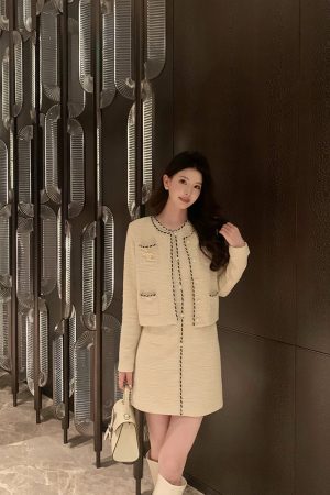 Beige Wool Knitted Two-Piece Set for Women, Little Chanel Style, Elegant Fashion, High-End Quality, Chic Winter Outfit