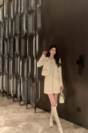 Beige Wool Knitted Two-Piece Set for Women, Little Chanel Style, Elegant Fashion, High-End Quality, Chic Winter Outfit