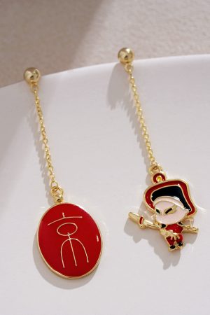Beijing Opera-Inspired Asymmetrical Red Long Earrings - High-End Trendy Style for 2025, Unique National Style Jewelry