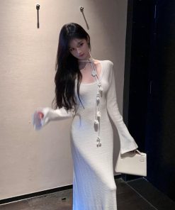 Bell Sleeve White Wool Knitted Mermaid Dress with Floral Ribbon - Autumn Winter Slim Fit Fashion