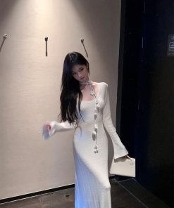Bell Sleeve White Wool Knitted Mermaid Dress with Floral Ribbon - Autumn Winter Slim Fit Fashion
