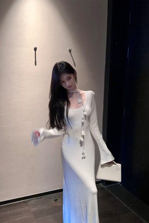Bell Sleeve White Wool Knitted Mermaid Dress with Floral Ribbon - Autumn Winter Slim Fit Fashion
