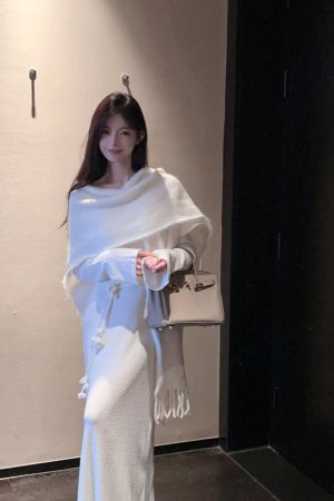 Bell Sleeve White Wool Knitted Mermaid Dress with Floral Ribbon - Autumn Winter Slim Fit Fashion