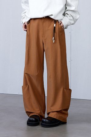 Black 3D Structure Pants with Brown Decorative Lines for a Bold Look - Trendy Y2K Style Fashion Bottoms