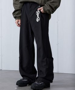 Black 3D Structure Pants with Brown Decorative Lines for a Bold Look - Trendy Y2K Style Fashion Bottoms