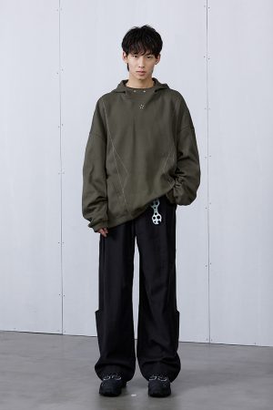 Black 3D Structure Pants with Brown Decorative Lines for a Bold Look - Trendy Y2K Style Fashion Bottoms