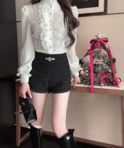 Black A-Line Woolen Shorts for Women - High Waist, 30% Wool, Petite Fit - Winter Fashion Essentials