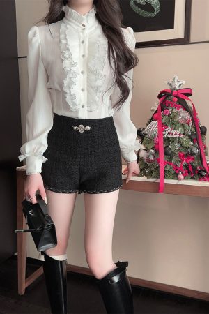 Black A-Line Woolen Shorts for Women - High Waist, 30% Wool, Petite Fit - Winter Fashion Essentials