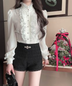 Black A-Line Woolen Shorts for Women - High Waist, 30% Wool, Petite Fit - Winter Fashion Essentials