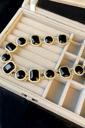 Black and Gold Two-Tone Crystal Inlaid Necklace, Collarbone Chain, European American Style, Gold-Plated Tassel, Statement Jewelry 2025