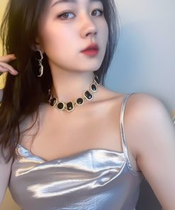 Black and Gold Two-Tone Crystal Inlaid Necklace, Collarbone Chain, European American Style, Gold-Plated Tassel, Statement Jewelry 2025