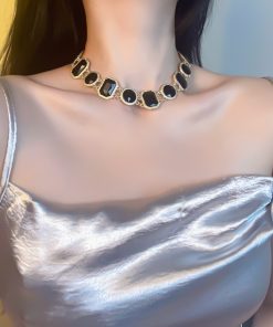 Black and Gold Two-Tone Crystal Inlaid Necklace, Collarbone Chain, European American Style, Gold-Plated Tassel, Statement Jewelry 2025
