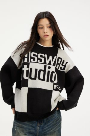 Black and White Checkerboard Thickened Sweater Jacket - Casual Unisex Autumn Winter Fashion with a Luxe Feel