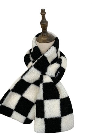 Black and White Checkered Knitted Scarf for Women - 2025 Winter Korean Style Versatile Shawl Neck Warmer
