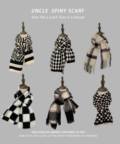 Black and White Checkered Knitted Scarf for Women - 2025 Winter Korean Style Versatile Shawl Neck Warmer