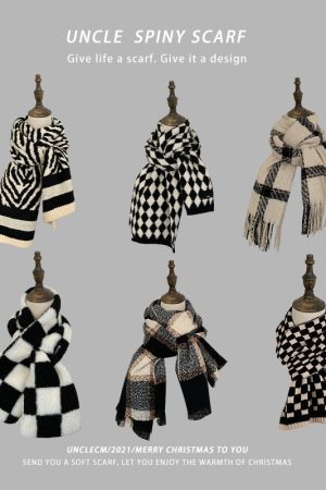 Black and White Checkered Knitted Scarf for Women - 2025 Winter Korean Style Versatile Shawl Neck Warmer