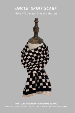 Black and White Checkered Knitted Scarf for Women - 2025 Winter Korean Style Versatile Shawl Neck Warmer