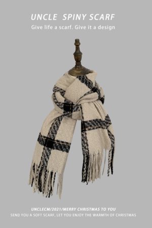 Black and White Checkered Knitted Scarf for Women - 2025 Winter Korean Style Versatile Shawl Neck Warmer