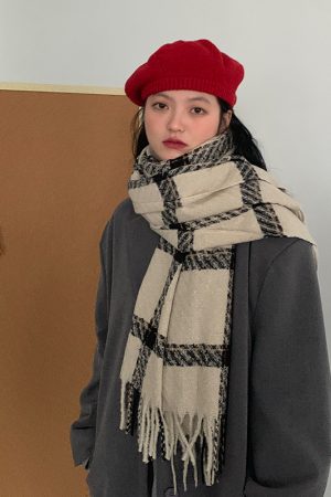 Black and White Checkered Knitted Scarf for Women - 2025 Winter Korean Style Versatile Shawl Neck Warmer