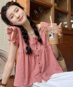 Black and White Checkered Sleeveless Shirt with Square Collar and Ruffled Flutter Sleeves - Summer Fashion Top for Women