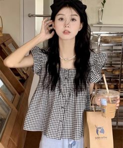 Black and White Checkered Sleeveless Shirt with Square Collar and Ruffled Flutter Sleeves - Summer Fashion Top for Women