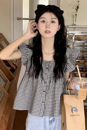 Black and White Checkered Sleeveless Shirt with Square Collar and Ruffled Flutter Sleeves - Summer Fashion Top for Women