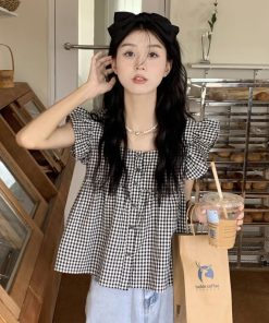 Black and White Checkered Sleeveless Shirt with Square Collar and Ruffled Flutter Sleeves - Summer Fashion Top for Women