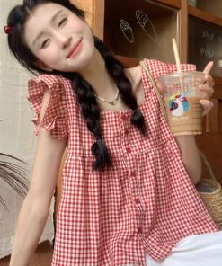 Black and White Checkered Sleeveless Shirt with Square Collar and Ruffled Flutter Sleeves - Summer Fashion Top for Women