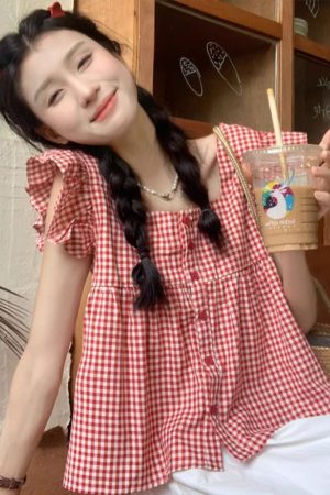 Black and White Checkered Sleeveless Shirt with Square Collar and Ruffled Flutter Sleeves - Summer Fashion Top for Women