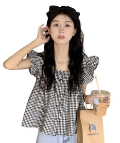 Black and White Checkered Sleeveless Shirt with Square Collar and Ruffled Flutter Sleeves - Summer Fashion Top for Women
