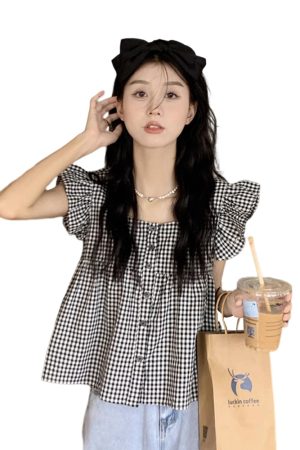 Black and White Checkered Sleeveless Shirt with Square Collar and Ruffled Flutter Sleeves - Summer Fashion Top for Women