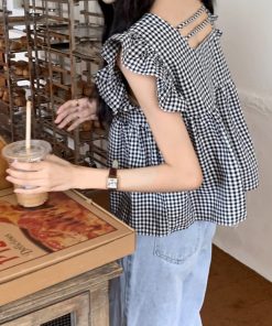 Black and White Checkered Sleeveless Shirt with Square Collar and Ruffled Flutter Sleeves - Summer Fashion Top for Women