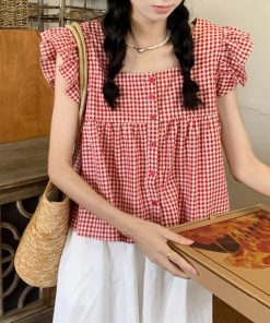 Black and White Checkered Sleeveless Shirt with Square Collar and Ruffled Flutter Sleeves - Summer Fashion Top for Women