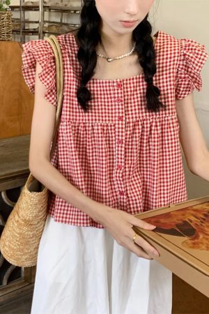 Black and White Checkered Sleeveless Shirt with Square Collar and Ruffled Flutter Sleeves - Summer Fashion Top for Women