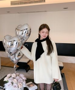Black and White Color-Block Bow Double-Sided Wool Coat for Women - Winter Audrey Hepburn Style Cape, Chic 90s Fashion Outerwear