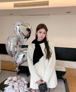 Black and White Color-Block Bow Double-Sided Wool Coat for Women - Winter Audrey Hepburn Style Cape, Chic 90s Fashion Outerwear